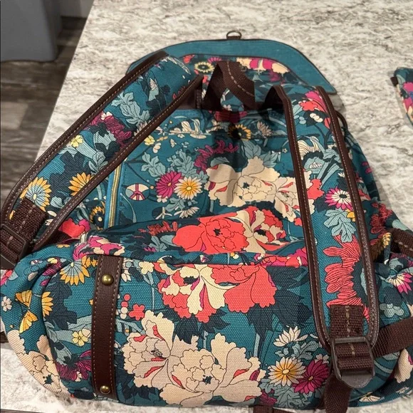 Sakroots Teal and Multicolor Floral Backpack with small pouch - Picture 5 of 10